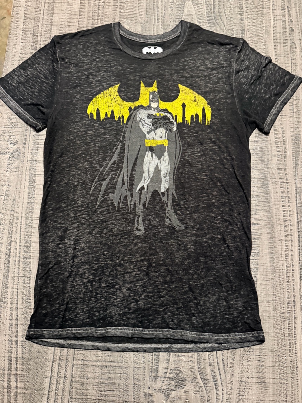 Batman Black Short Sleeve Raglan Tee with Yellow and Gray Batman Graphic